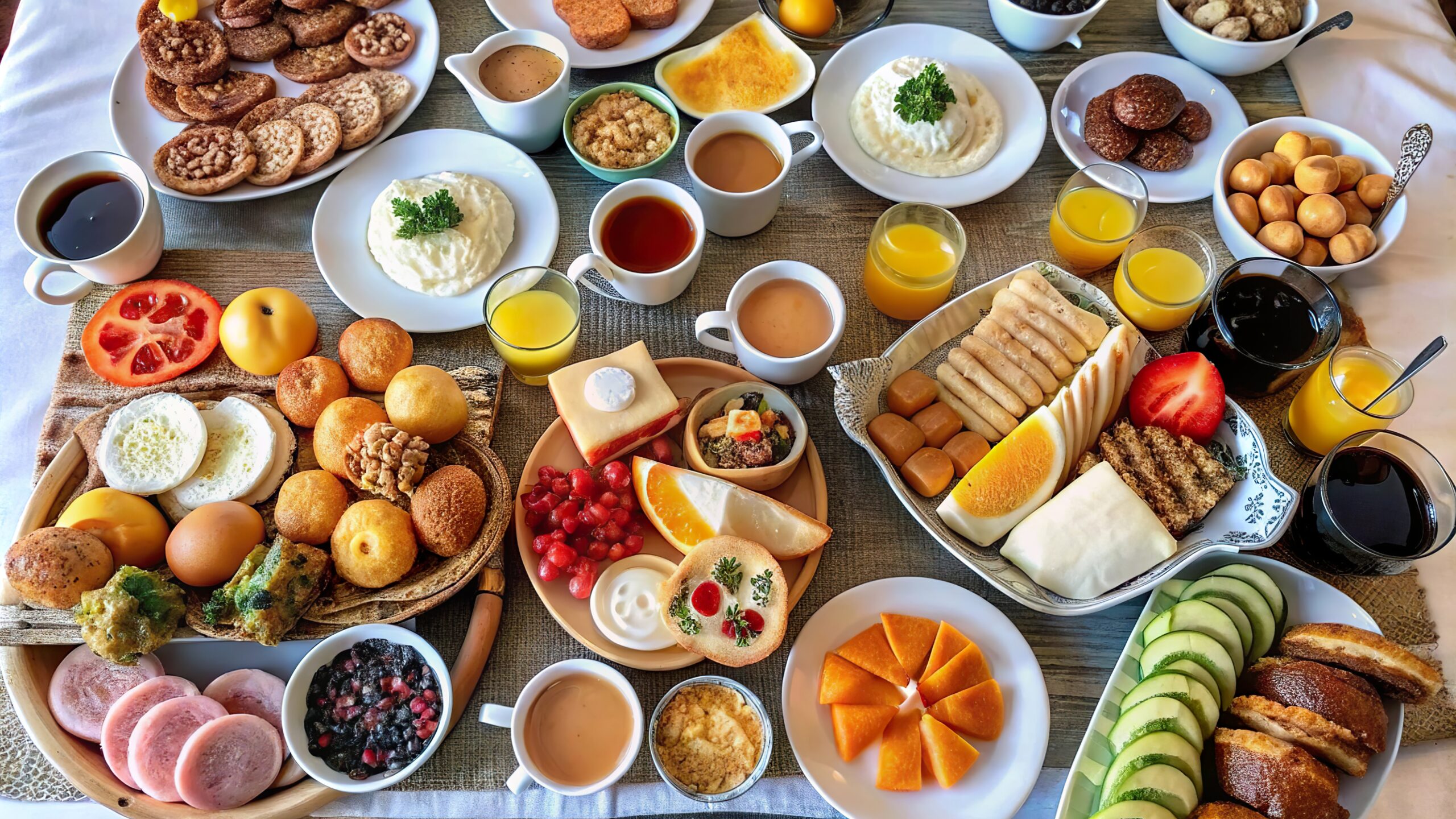 Reich gedeckter Frühstückstisch mit Brötchen, Obst, Käse, Saft und Heißgetränken