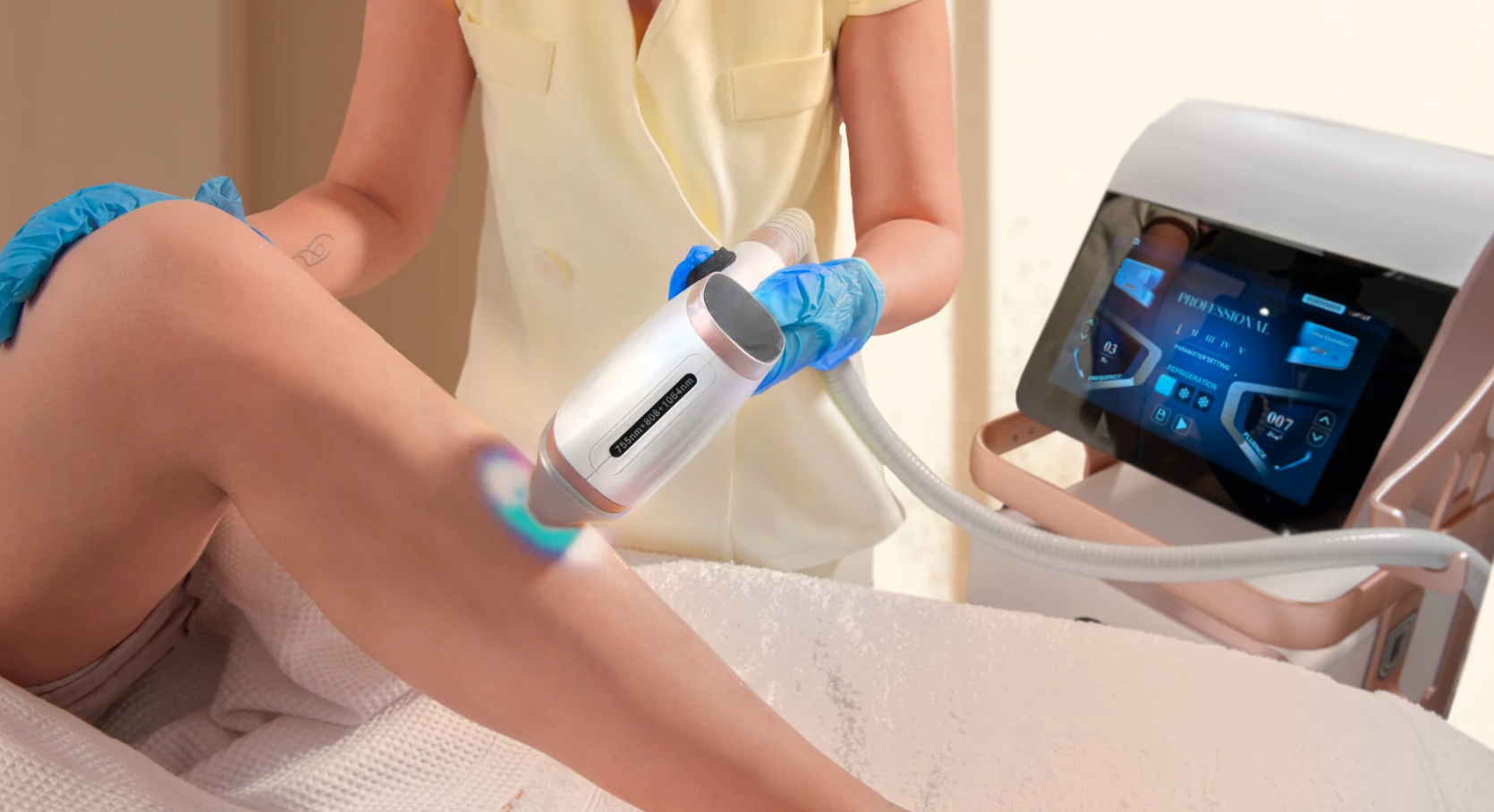 Kosmetikerin führt eine apparative Lymphdrainage am Bein einer Kundin mit modernem Gerät durch