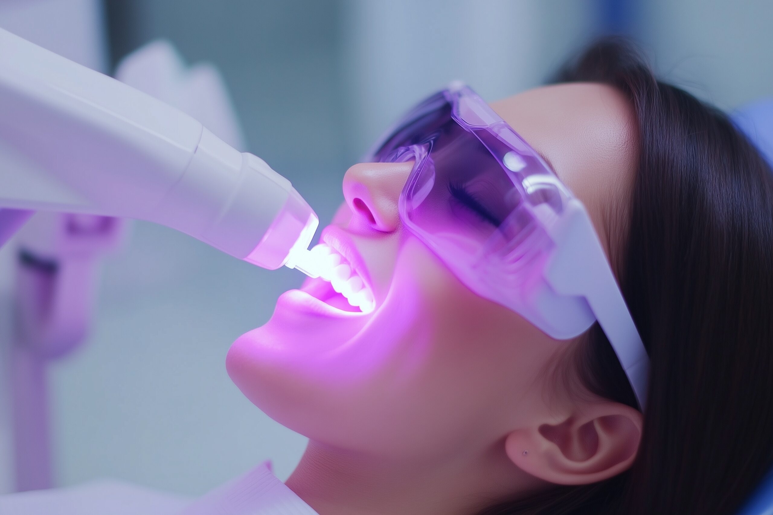 Frau erhält kosmetisches Zahnbleaching mit LED-Licht und Schutzbrille