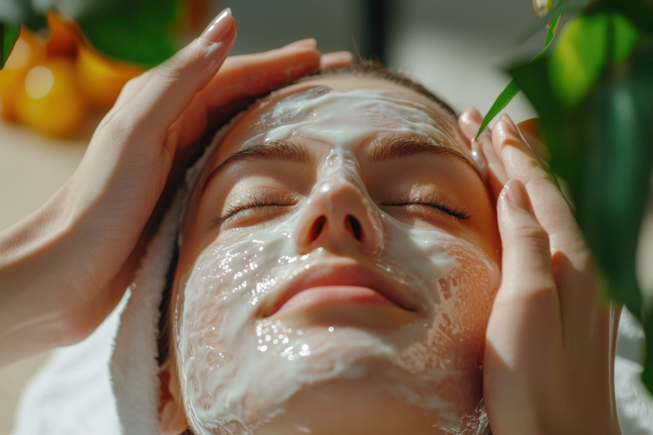Nahaufnahme einer entspannten Frau, die eine beruhigende Mikrodermabrasionsbehandlung im Gesicht erhält. Ihre Haut ist mit einem pflegenden Peeling bedeckt, während die Kosmetikerin sanft ihr Gesicht massiert.