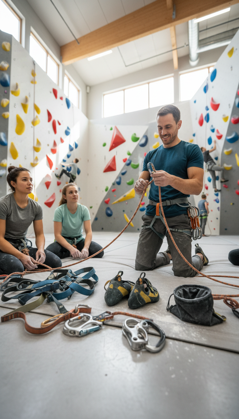 Klettertrainer zeigt drei Kursteilnehmerinnen in der MOVE Kletterhalle Düsseldorf, wie man die Kletterausrüstung richtig anlegt – Seile, Gurte und Karabiner im Fokus
