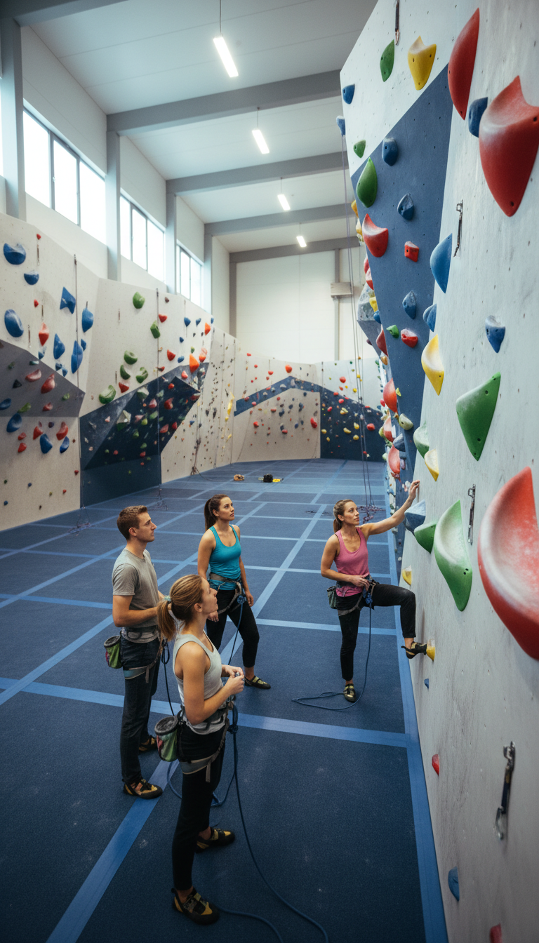 Gruppe beim Kletterkurs in der MOVE Kletterhalle Düsseldorf – Indoor-Klettern mit professioneller Anleitung an einer modernen Boulderwand
