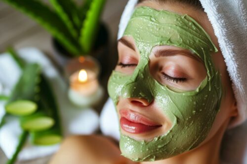 Frau mit grüner Gesichtsmaske auf Aloe-Vera-Basis liegt entspannt mit geschlossenen Augen, im Hintergrund Kerzenschein und grüne Pflanzen