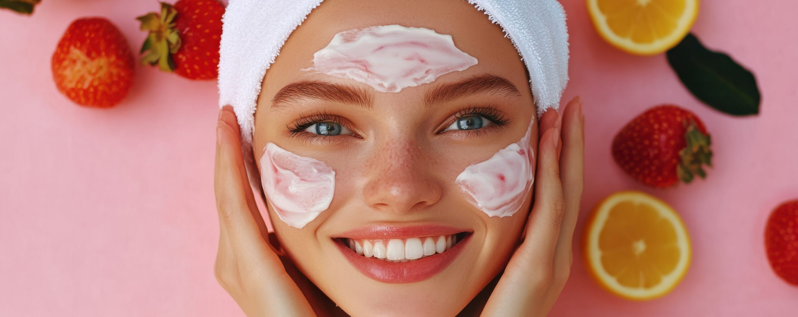 Junge Frau mit aufgetragener Fruchtsäuremaske auf Stirn und Wangen, mit Handtuchturban und strahlendem Lächeln – frische Hautpflege im Beautybereich