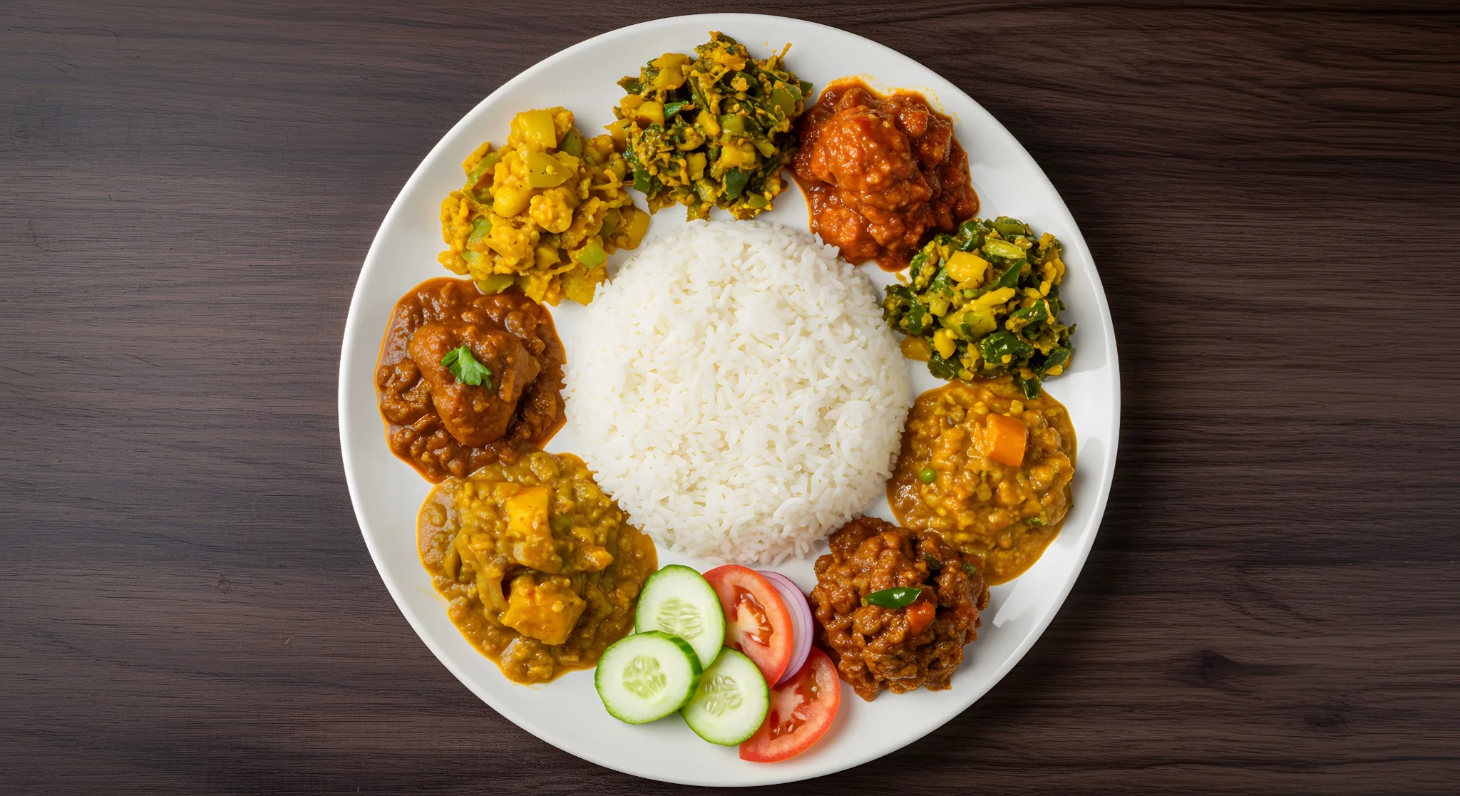 Traditionelles nepalesisches Thali im Himalaya Sherpa Wiesbaden mit weißem Reis in der Mitte, umgeben von verschiedenen vegetarischen Currys, Linsen und Gemüsebeilagen