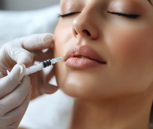 Frau erhält eine ästhetische Hyaluron-Injektion zur Lippenmodellierung durch eine Fachkraft mit Handschuhen, Nahaufnahme der Behandlungsszene