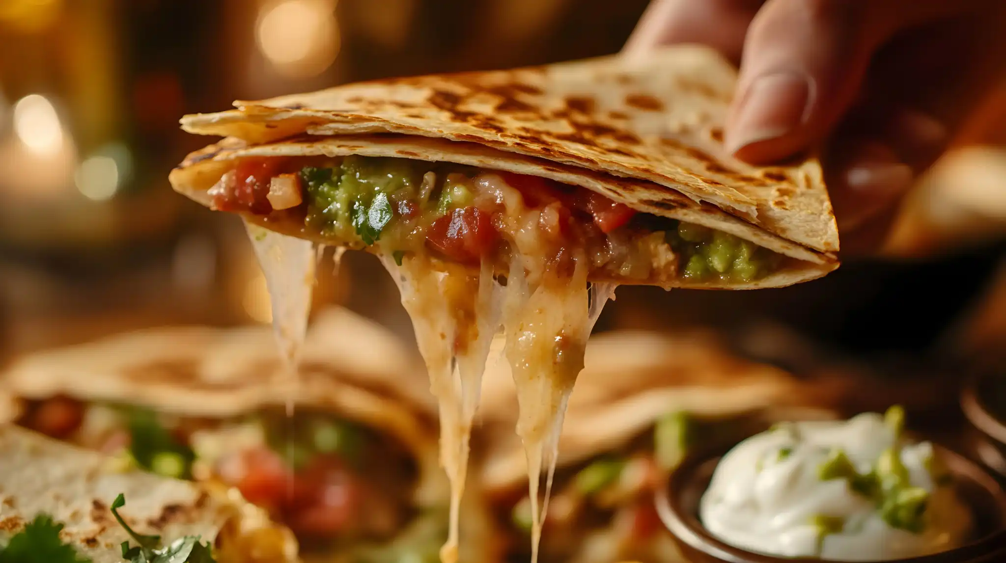 Frisch gebackene Quesadilla mit geschmolzenem Käse, Guacamole und Tomatensalsa, bei der das Stück gerade auseinandergezogen wird