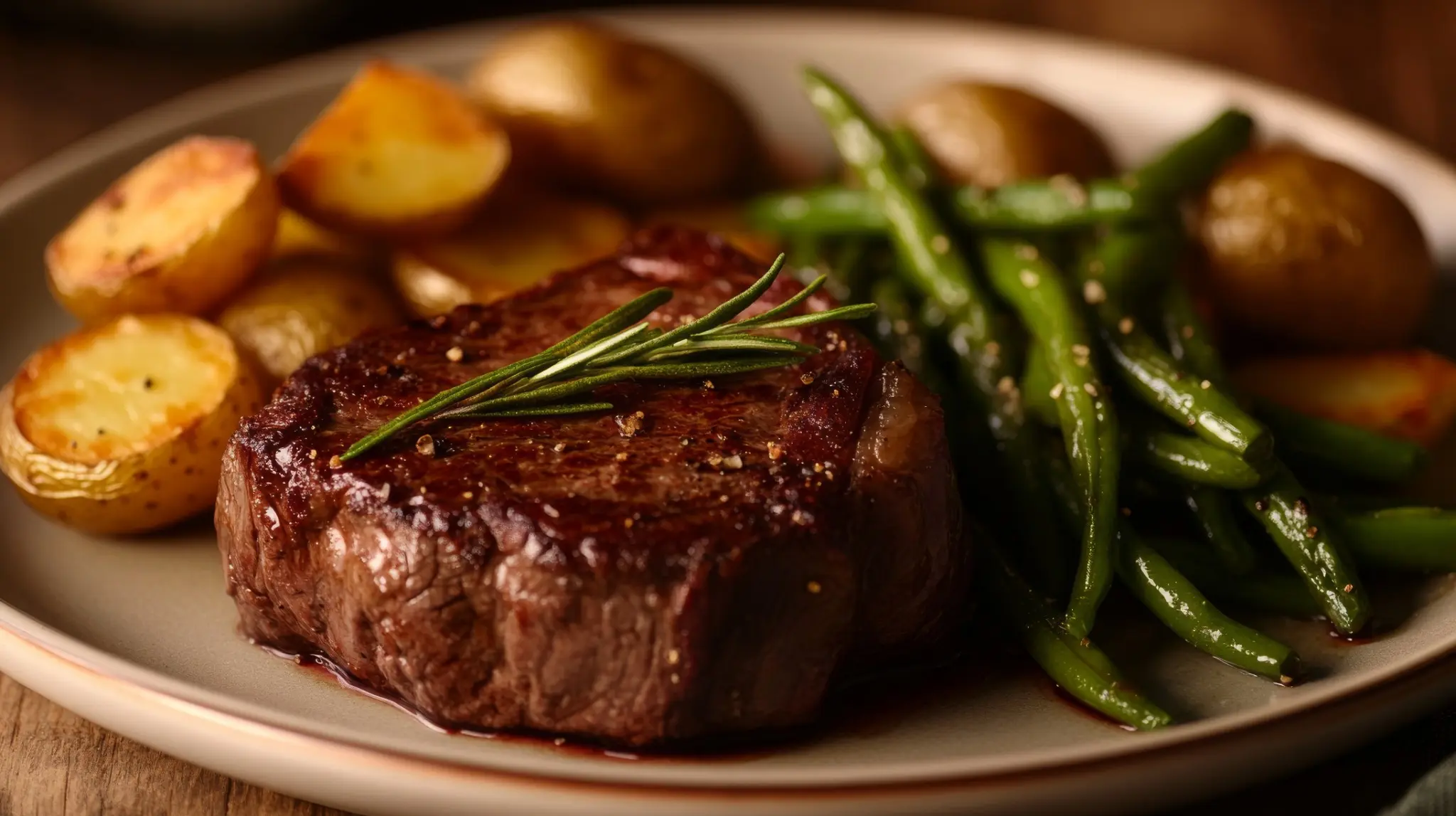 Filet mit Rosmarinzweig, serviert mit grünen Bohnen und goldbraunen Kartoffeln auf einem Teller