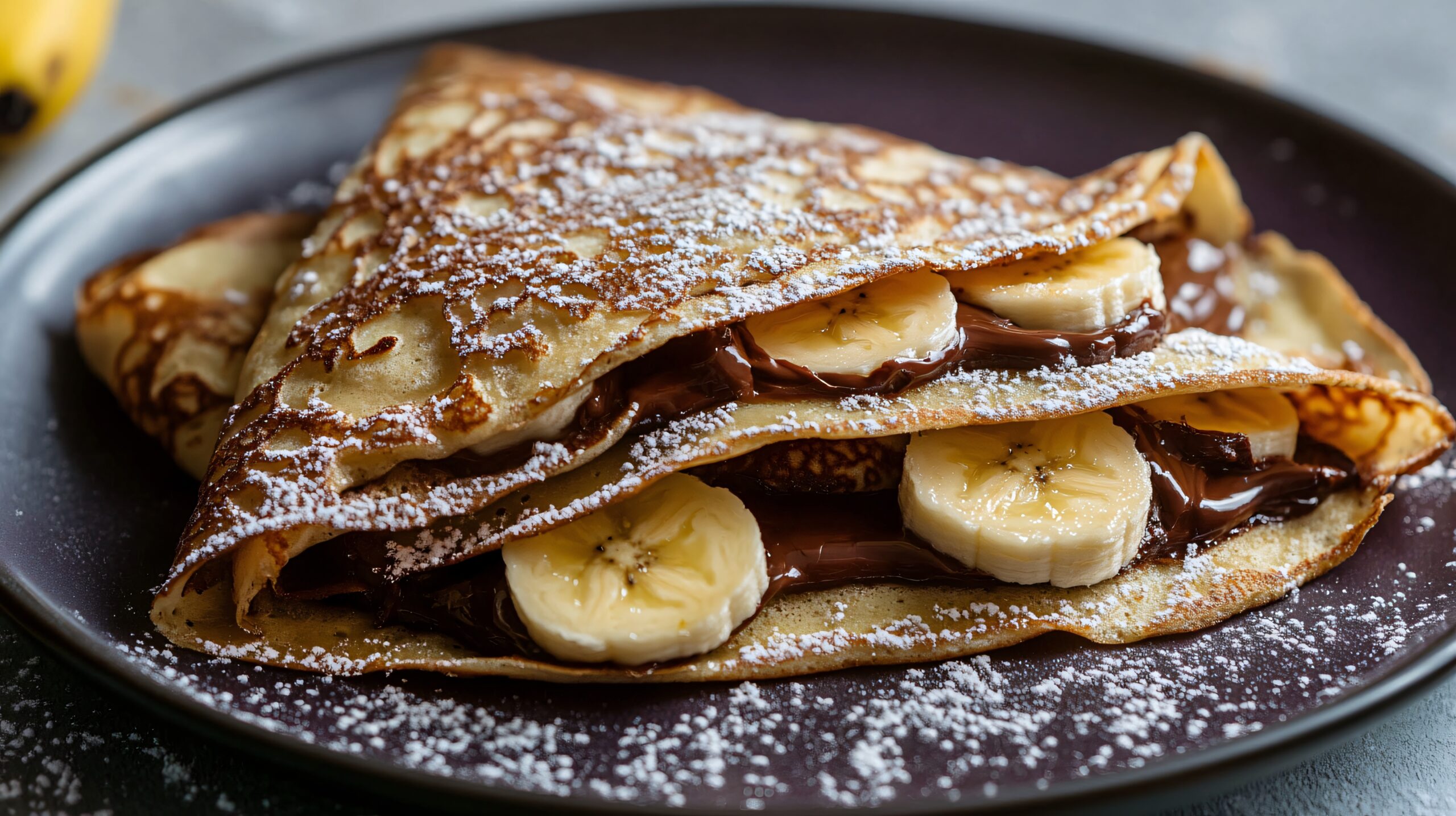 Frisch gebackene Crêpes gefüllt mit Schokocreme und Bananenscheiben, bestäubt mit Puderzucker