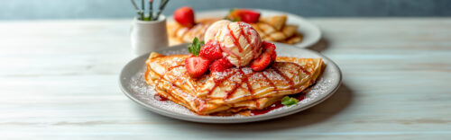 Crêpes mit frischen Erdbeeren, Vanilleeis und Erdbeersoße, garniert mit Minze