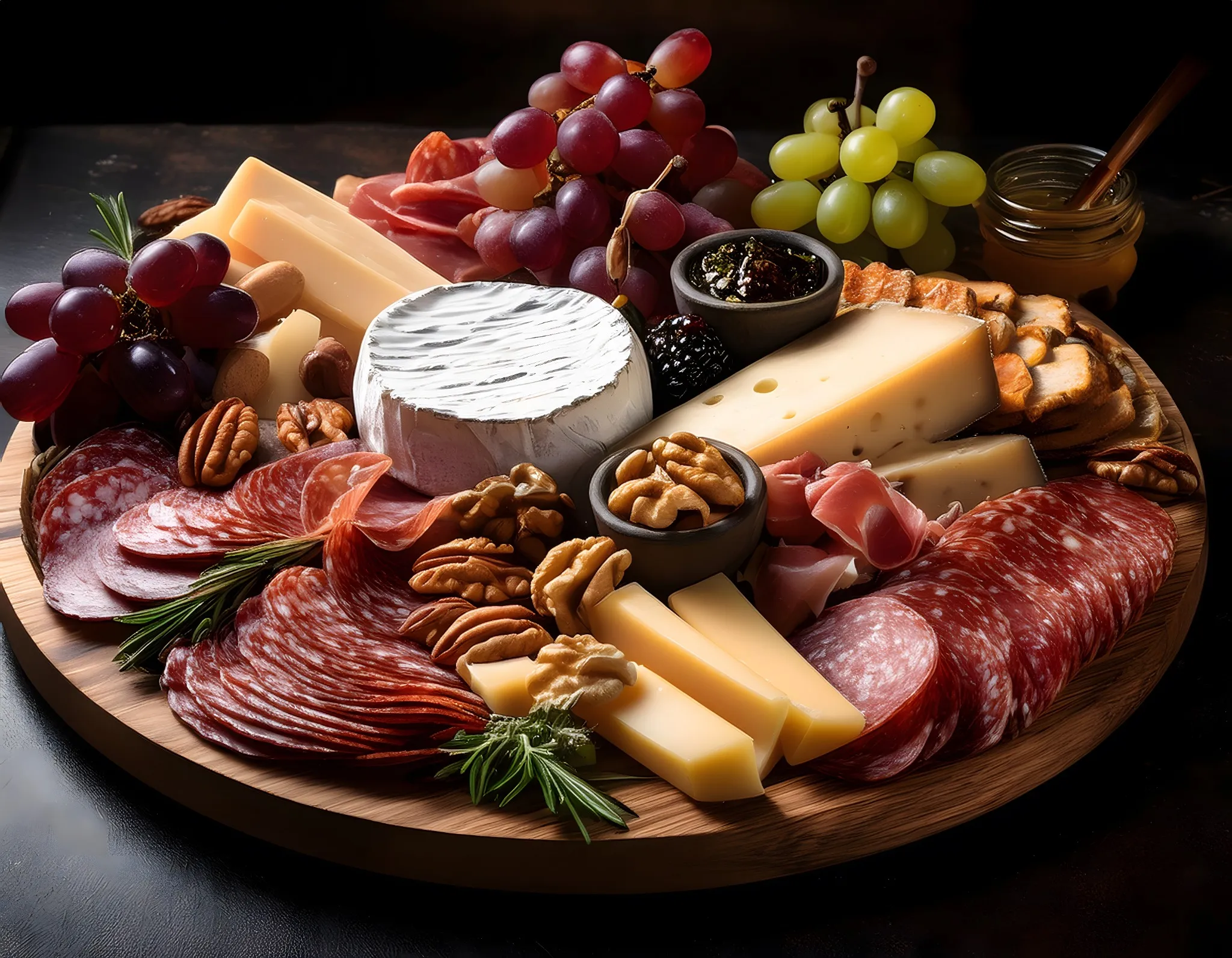 Rustikales Charcuterie Board mit Käse, Wurst, Trauben, Nüssen und Feigensenf