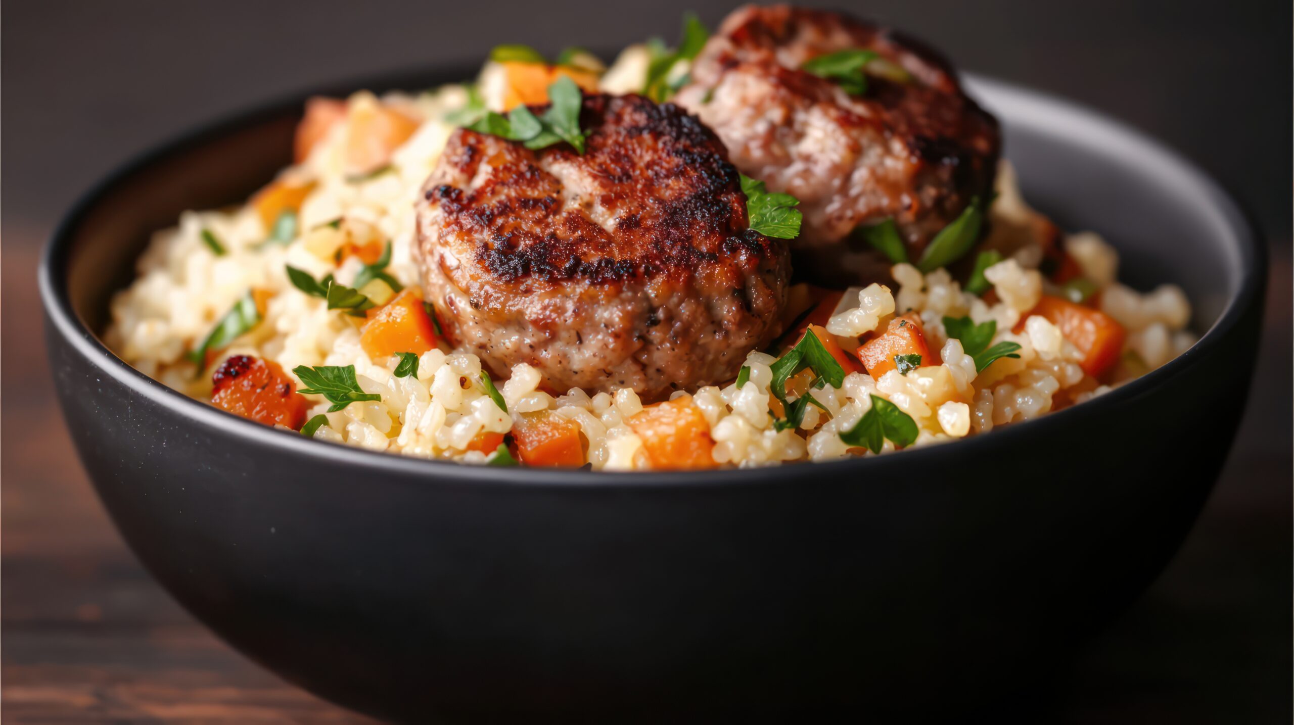 Gegrillte Fleischbällchen auf Bulgur mit Paprika und frischen Kräutern in einer schwarzen Schale serviert