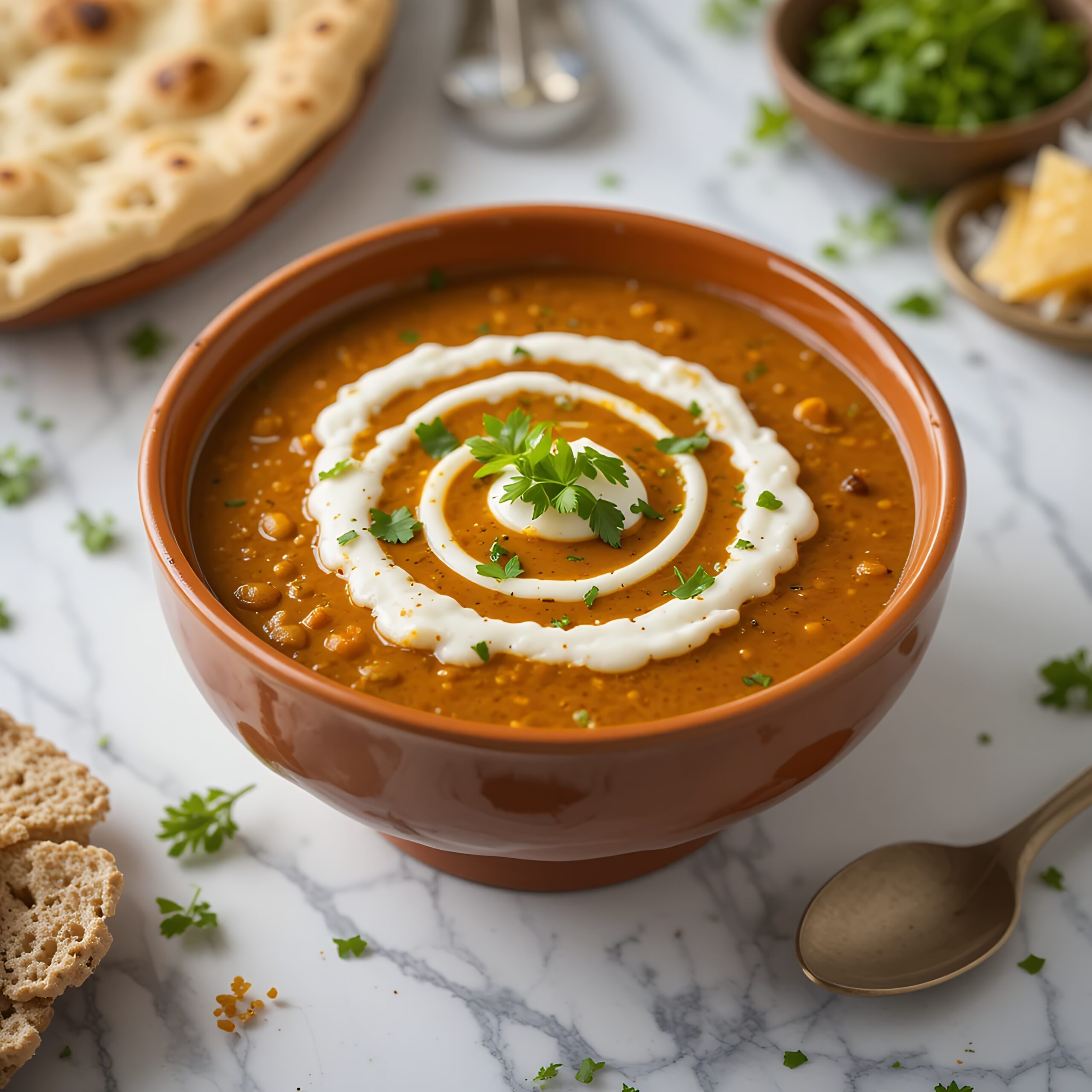 Indische Dal-Linsensuppe mit Sahne-Topping und frischem Koriander, serviert in einer braunen Schale, auf einem weißen Marmortisch angerichtet