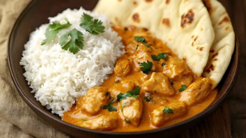 Indisches Butter Chicken mit Basmatireis und Naan-Brot im Meena Kumari Berlin