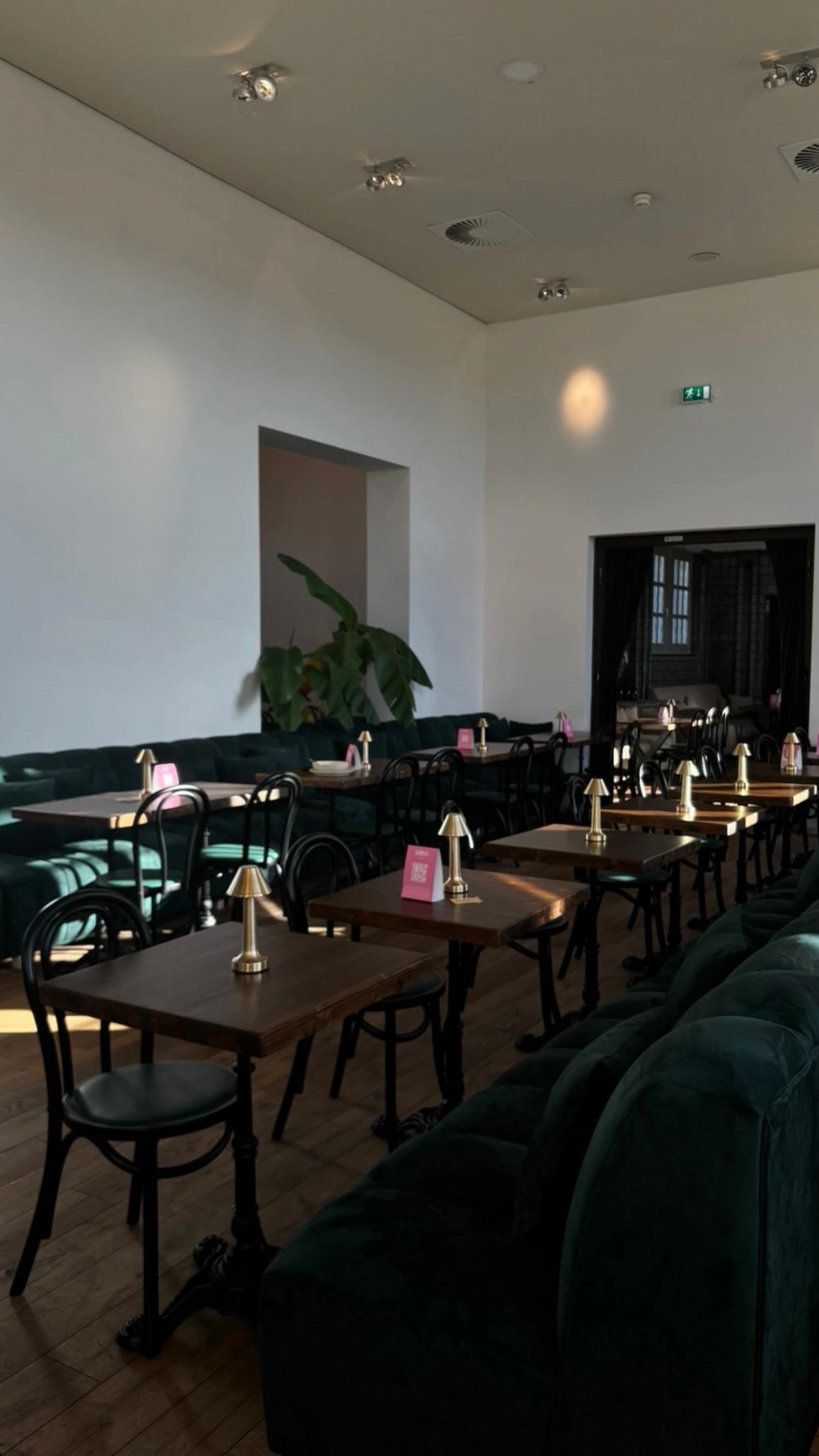 Moderner und stilvoller Innenbereich des KARLSON Darmstadt mit dunklen Holztischen, grüner Polsterbank und goldenen Tischlampen