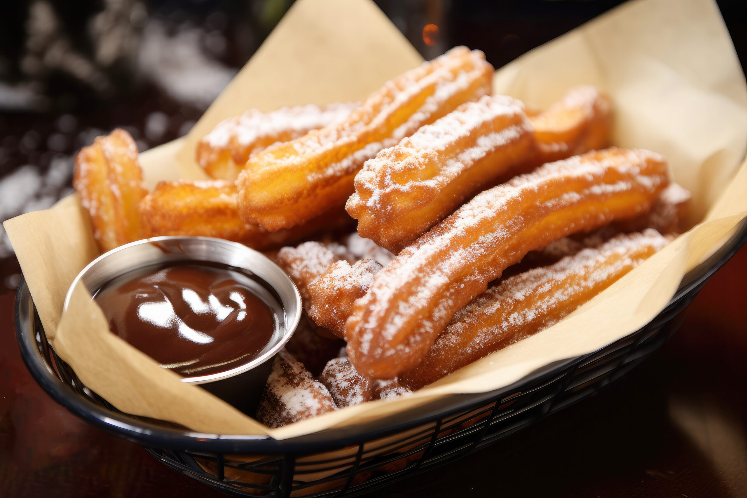 Frisch gebackene Churros mit Puderzucker und Schokosauce im Shades Café & Bar Dortmund
